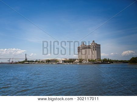 View Of The Sydney Lanier Bridge On The Savannah River With Local Architecture