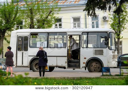 Torzhok, Russia - May, 15, 2019: image of Bus on street of Torzhok