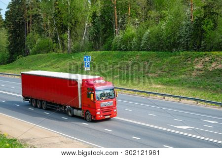 Tver region, Russia - May, 15, 2019: truck on a highway M-10 in Tver region, Russia