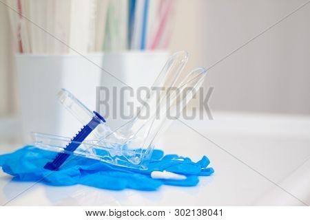 Medicine Instrument Vaginal Speculum, Vaginoscope, Gloves Gynecologist Doctor And Other Medical Equi
