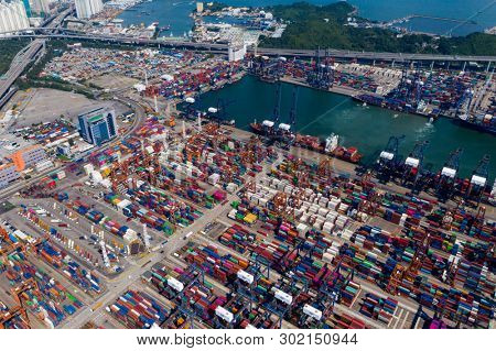 Kwai Chung, Hong Kong 15 May 2019:  Drone fly over Kwai Chung Cargo Terminal in Hong Kong