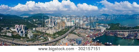 Kwai Chung, Hong Kong 15 May 2019:  Drone fly over Kwai Chung Cargo Terminal in Hong Kong