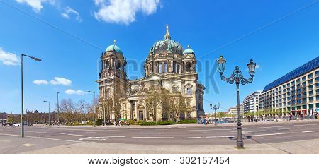 Panoramic Image Of Berlin Cathedral, Or Berliner Dom In German, On A Bright Day