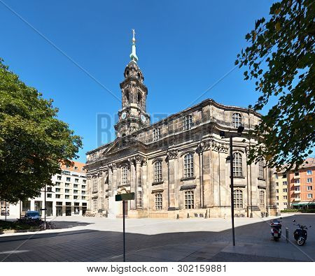 Dresden Hofkirche, Or Cathedral Of Holy Trinity, Panoramic Image Taken In Dresden, Saxony, Germany