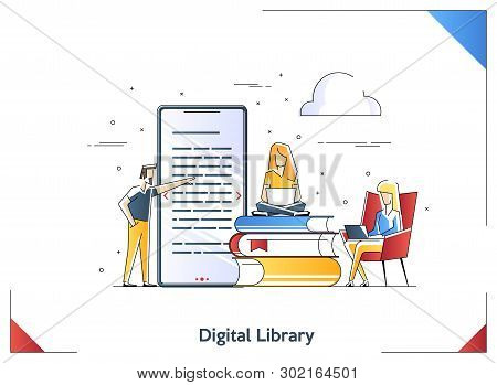 Flat Linear Illustration Of Media Book Library Concept E-book, Reading An Ebook To Study On E-librar
