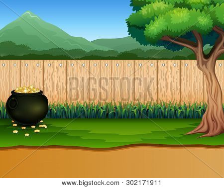 Wooden Fence Background With Pot Of Coins