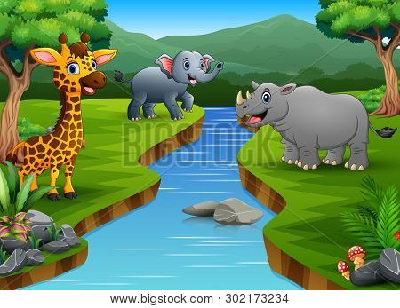 Happy Animal Cartoon Enjoying On The Riverside