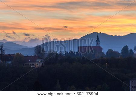 View Of Church Of St. Martina On Hill On Sunset In Kranj. Slovenia