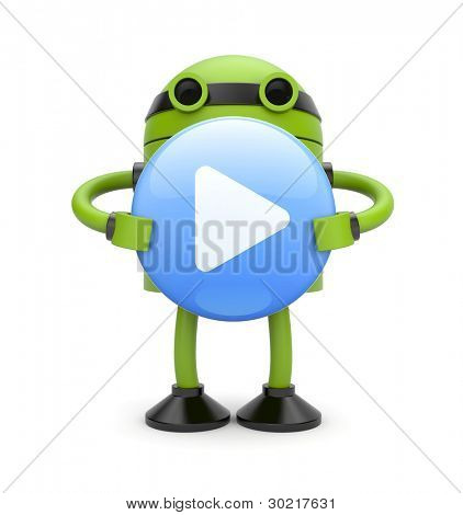 3d Robot with play button. Image contain clipping path