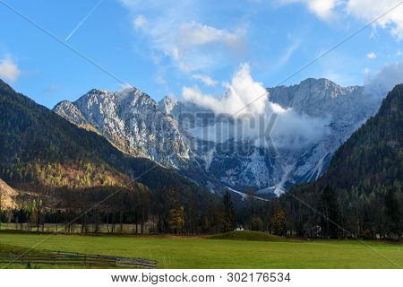 View Of Mount Skuta From Valley Zgornje Jezersko In Autumn. Northern Slovenia