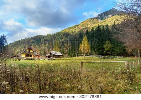 View Of Valley Zgornje Jezersko In Autumn. Northern Slovenia