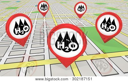 Water H20 Drinkable Clean Resource Map Pins Locations 3d Illustration