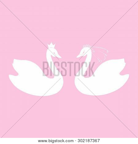 Two Swans. Wedding Symbols Of The Bride And Groom In Veil . Stylized Vector Graphic Isolated On A Pi