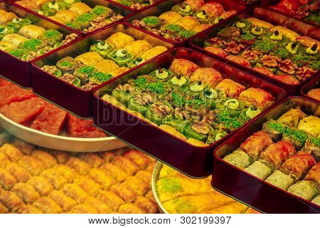 A Tray With Turkish Dessert Baklava, Istanbul Grand Bazzar.