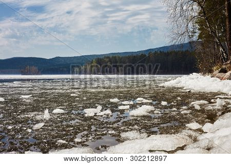 Beautiful Mountain Lake, Blue Sky With Clouds.