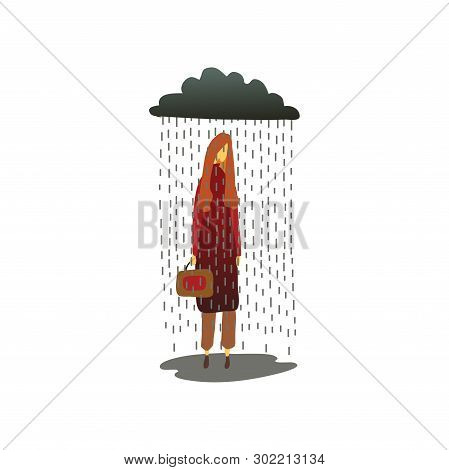 Woman Without An Umbrella Is Standing In The Rain. Vector Illustration On White Background.