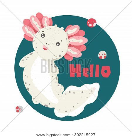 Cute Kawaii Axolotl, Baby Amphibian Drawing. Cute Animal Drawing, Funny Cartoon Illustration. Letter