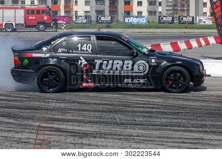 Cracow, Poland - May 18, 2019: Drift Car In Action  At 5th Edition Of Moto Show In Cracow. Poland.