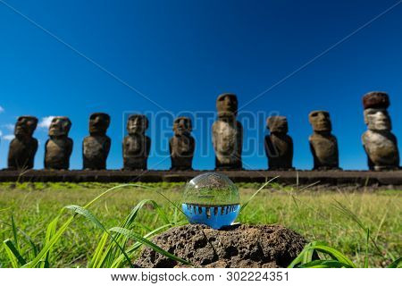 Ahu Tongariki Moais And Crystal Ball Against Deep Blue Sky