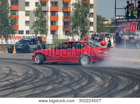 Cracow, Poland - May 18, 2019: Drift Car In Action  At 5th Edition Of Moto Show In Cracow. Poland.