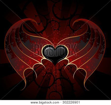 Gothic Black Heart Of A Vampire With Skin, Membranous Wings, The Dark Luminous Background.