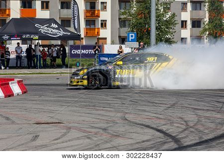 Cracow, Poland - May 18, 2019: Drift Car In Action  At 5th Edition Of Moto Show In Cracow. Poland.