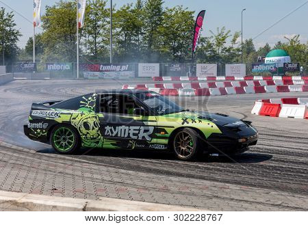 Cracow, Poland - May 18, 2019: Drift Car In Action  At 5th Edition Of Moto Show In Cracow. Poland.