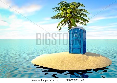 3d Illustration Of A Portable Bio Toilet With A Free Wi-fi Symbol On An Uninhabited Island In The Oc