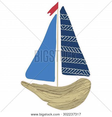 Cute Navy Driftwood Boat Cartoon Vector Illustration Motif Set. Hand Drawn Isolated Seafaring Elemen