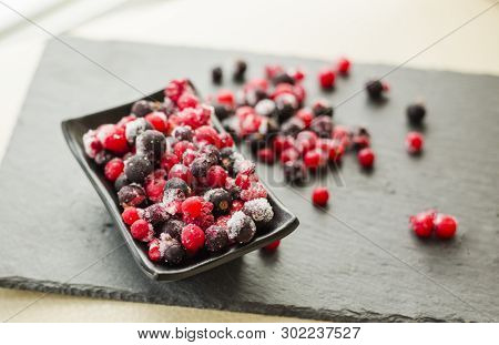 Close Frozen Mixed Fruit Berries Red Currant Cranberry Raspber