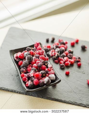 Close Frozen Mixed Fruit Berries Red Currant Cranberry Raspber
