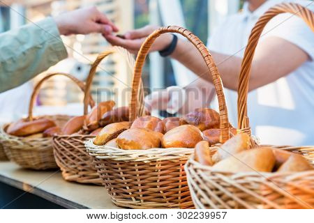 Russian Pirozhki, Baked Patties Or Pies In Basket For Sale