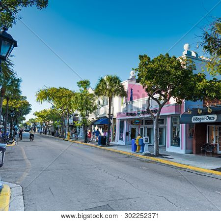 Key West, Usa - February 21, 2019: Stores On Picturesque Duval Street