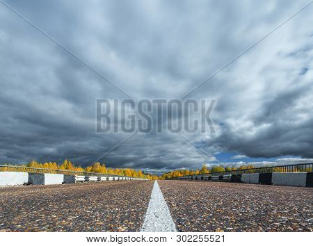 The Highway Through The Autumn Wood In Sunny Day, Mari El, Russia, 88k-002