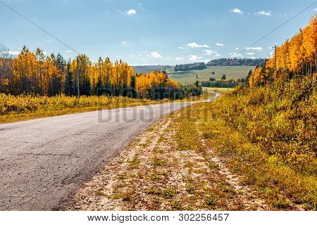 The Highway Through The Autumn Wood In Sunny Day, Mari El, Russia, 88k-002