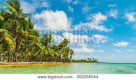 Bois Jolan Beach In Guadeloupe On A Cloudy Day, French West Indies. Lesser Antilles, Caribbean Sea