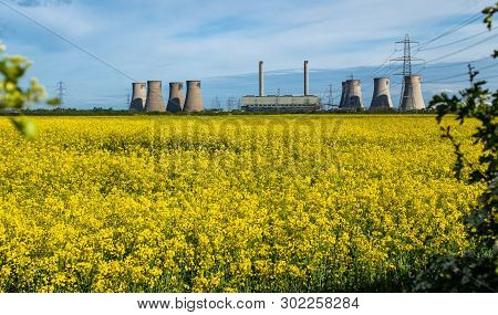 Landscape View Of Cooling Towers Of A Coal Fuelled Power Station In The Foreground Is A Bright Yello
