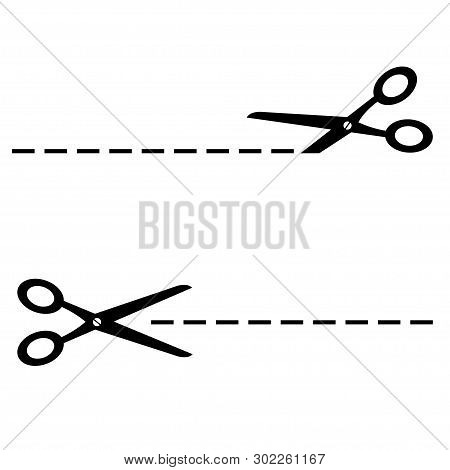 Set Of Black Scissors With Cut Lines On White Background