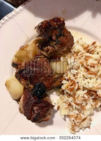 Lamb Arm Meat With Rice Pilav Or Pilaf Served With Plate.