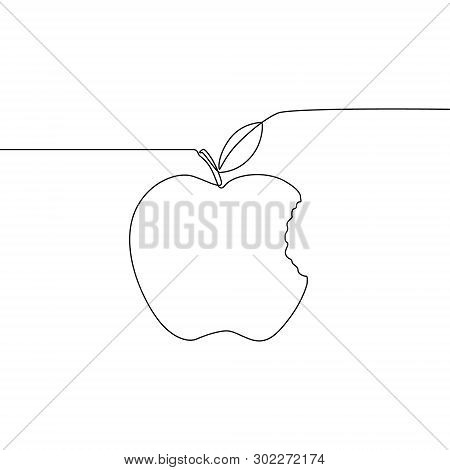 Continuous One Line Bitten Apple With Leaf. Vector Illustration.