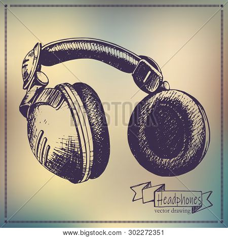 Hand Drawn Headphones On Backgroud Vector Drawing
