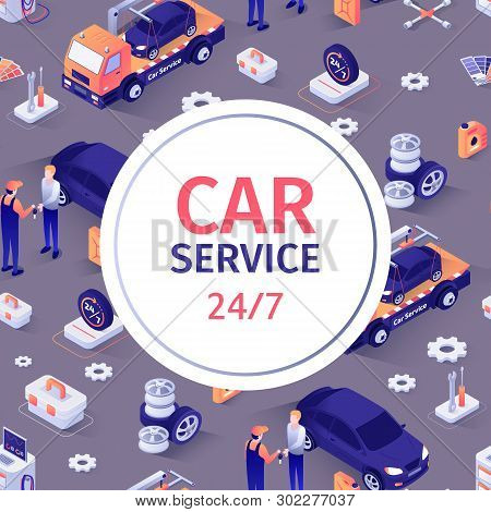 Seamless Pattern With Text For Car Repair Service. Fulltime Automobile Maintenance, 24 To 7 Customer