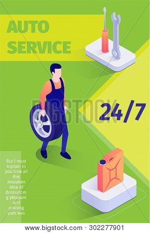 Printable Or Media Lettering Poster Of Fulltime Auto Service. Isometric Tools Icons, Place For Edita