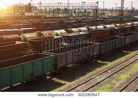 Freight Trains On City Cargo Terminal. Railways In Train Parking. Arain Arrived At The Station. Carg