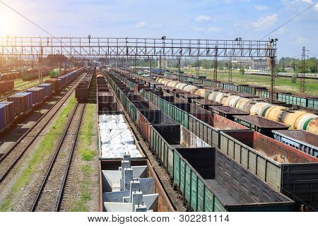 Freight Trains On City Cargo Terminal. Railways In Train Parking. Arain Arrived At The Station. Carg
