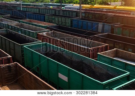 Freight Trains On City Cargo Terminal. Railways In Train Parking. Arain Arrived At The Station. Carg