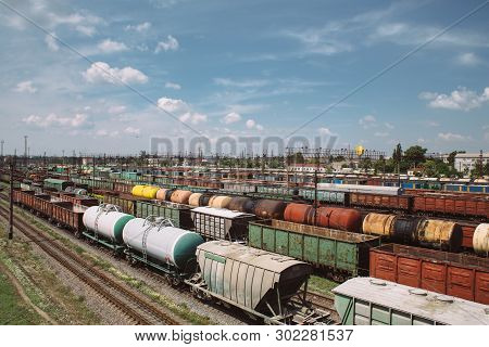 Freight Trains On City Cargo Terminal. Railways In Train Parking. Arain Arrived At The Station. Carg