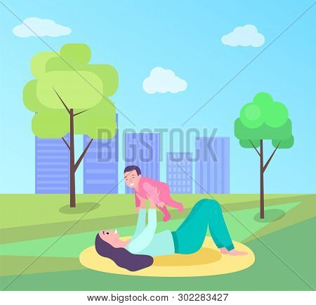 Woman Holding Baby, Mother Playing With Child In Park On Mat, Parent And Kid On Grass Outdoor, Smili