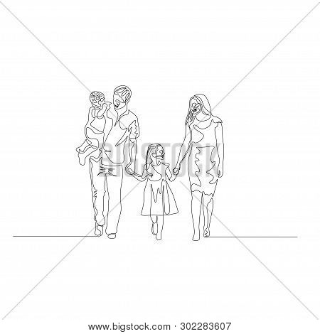 Continuous Line Happy Family Walking Holding The Hands. Father Holds Son In His Arms. Family Concept