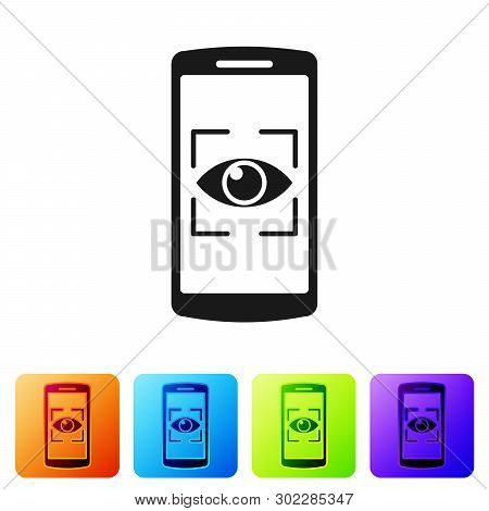 Black Mobile Phone And Eye Scan Icon Isolated On White Background. Scanning Eye. Security Check Symb
